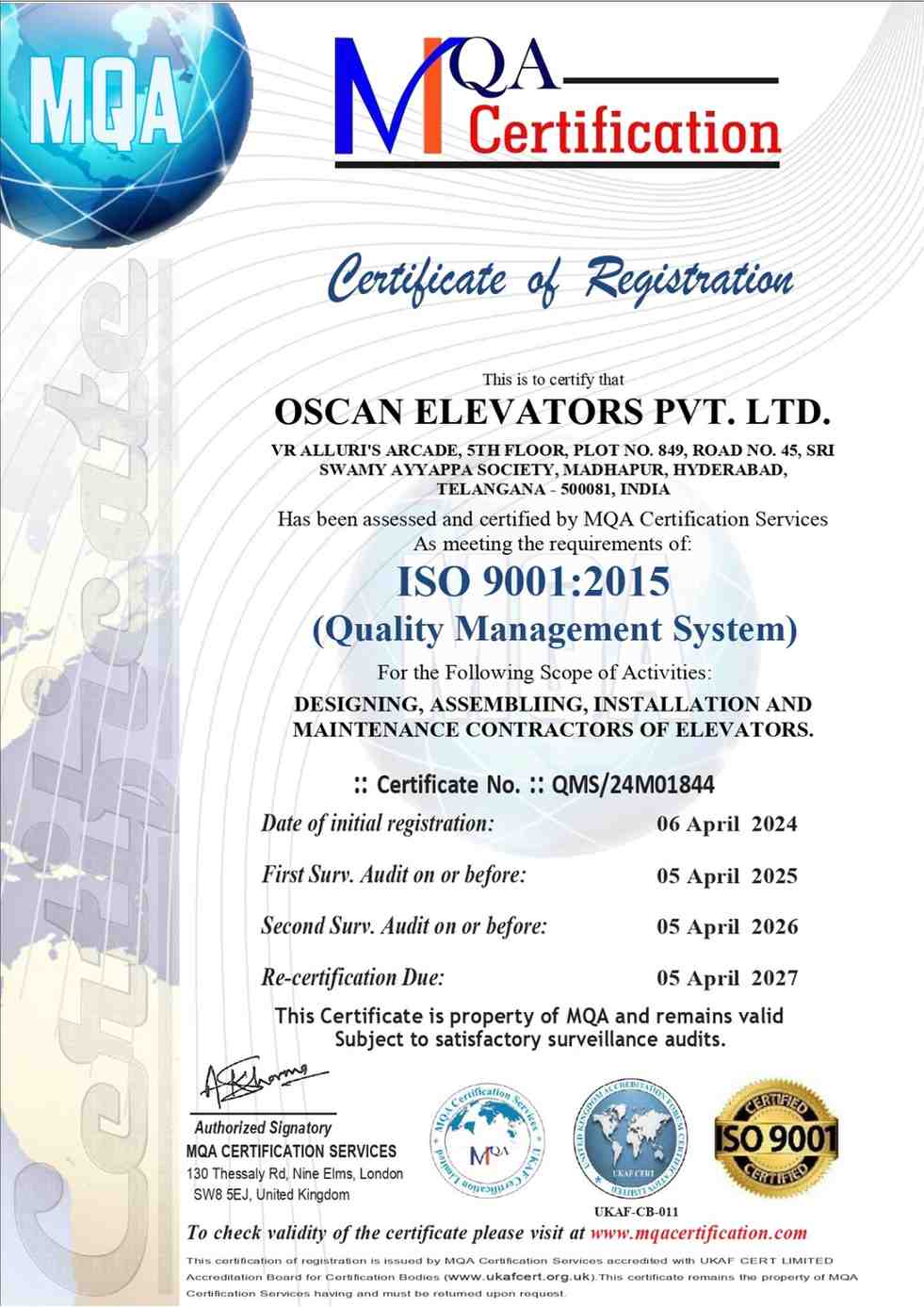 Oscan Elevators ISO Certificate